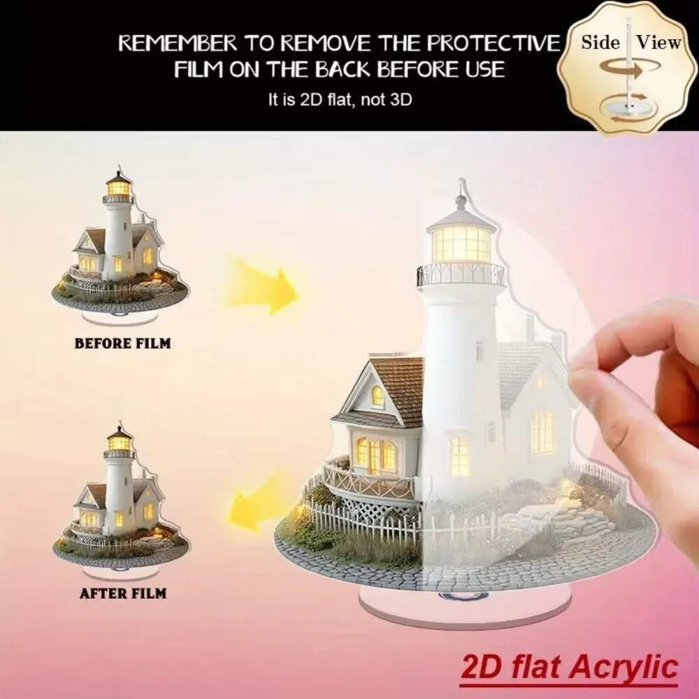 2D Acrylic Lighthouse & Coastal House Desktop Model w Rotating Base